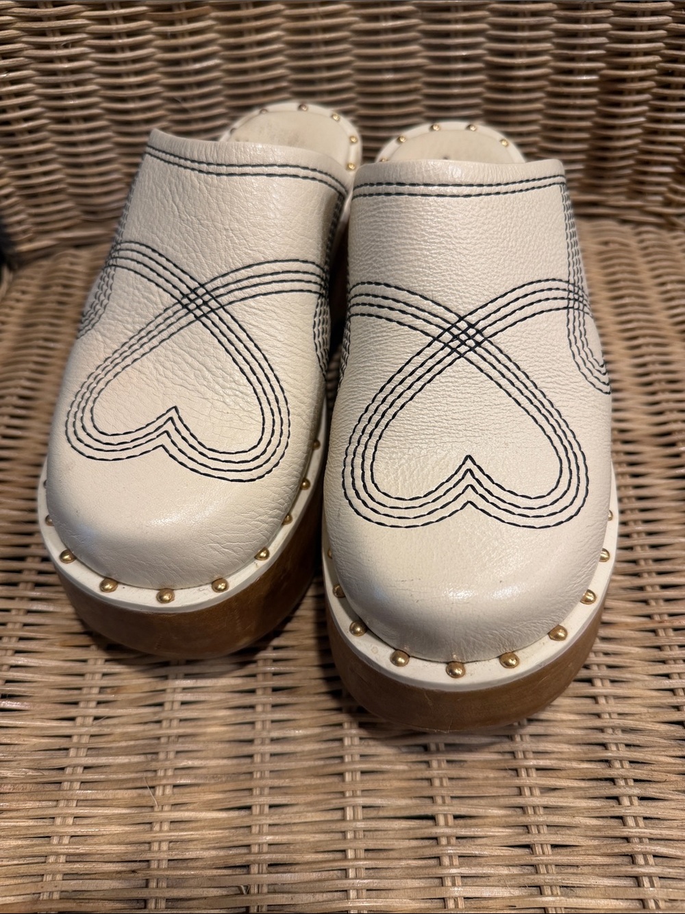 FARM Rio Cream Leather Studded Heart-Detail Clogs